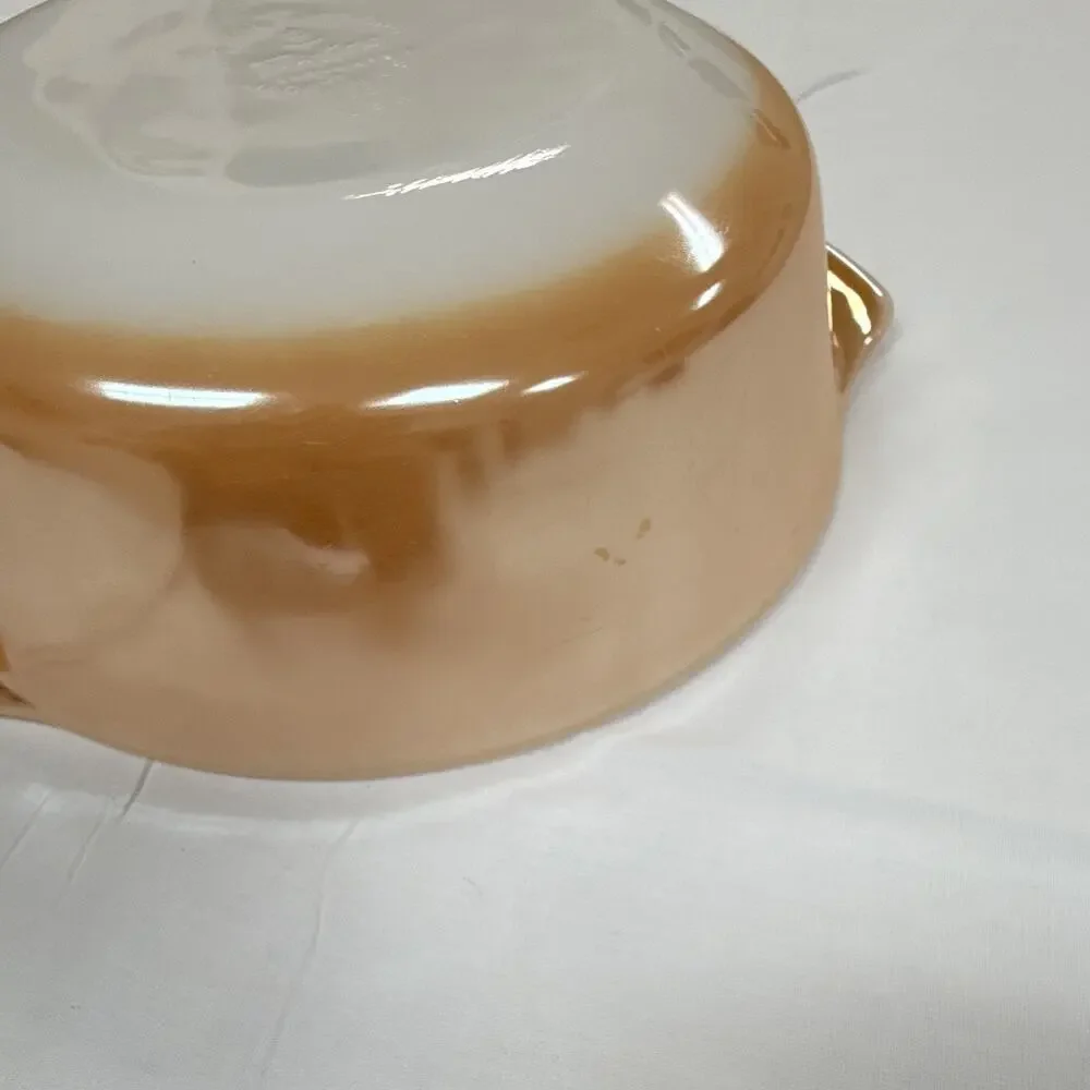 Fire king Round Pink/White Glass Casserole Dish w/ Handles, Glossy Finish, 9 in